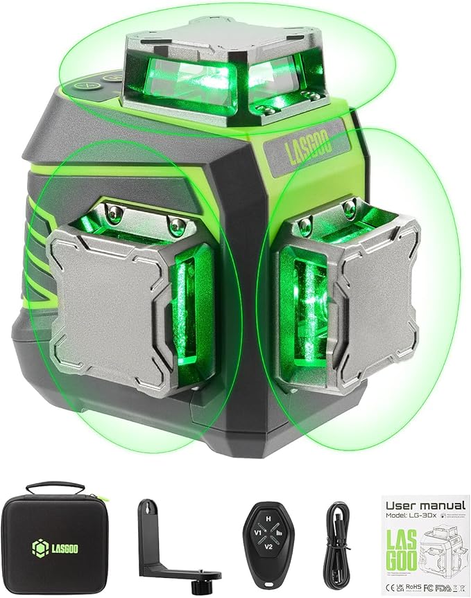 LasGoo Laser Level 3x360° Self Leveling, 3D Green Cross Line Laser for Construction and Picture Hanging, Rechargeable Battery, Remote Control, Magnetic Rotating Stand Included - LG-3Dx
