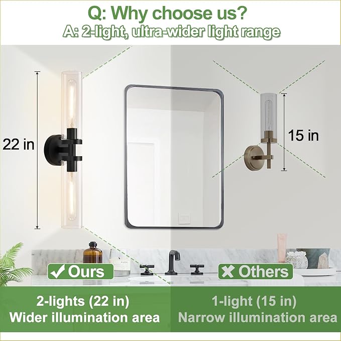 Wall Sconces Set of Two, Hardwired Matte Black Bathroom Sconces Wall Lighting with Clear Glass, Modern Sconces Wall Decor Set of 2 Bathroom Light Fixtures for Mirror Hallway (Bulbs Not Included)