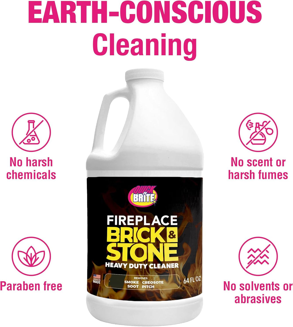 Quick N Brite Fireplace Gel Cleaner with Scrub Brush for Brick, Stone, Rock, Tile, and Marble, Nonabrasive Fireplace Cleaner, Made in the USA, 64oz