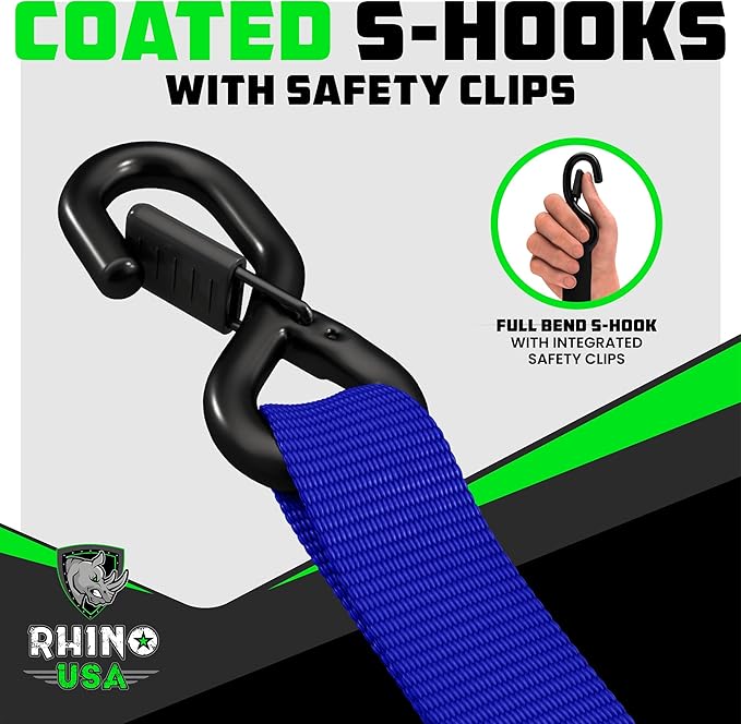 Rhino USA Ratchet Straps Heavy Duty Kit (4-Pack) - 1.6 Inch x 8 Feet (5,208lb Break Strength) - Ultimate Tie Down Straps with Safety S Hooks for Trucks, ATV, UTV, Motorcycle, Cargo & More - Blue