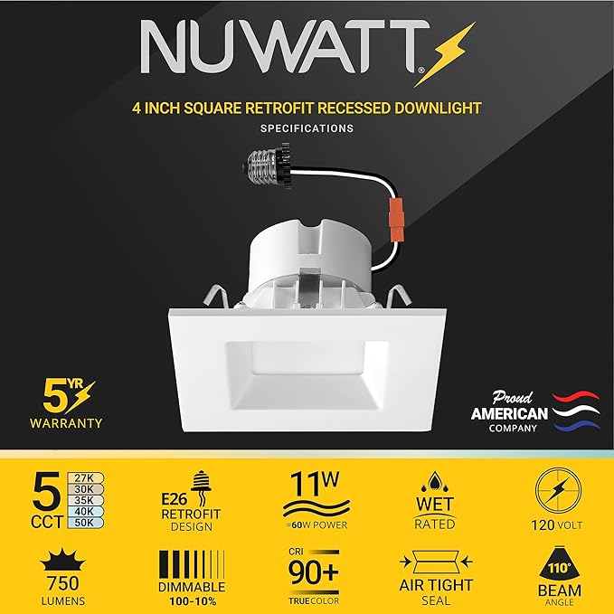 NUWATT 12 Pack, 4 Inch Square Can Light, 4" Square Retrofit LED Recessed Lighting, 5CCT Selectable 2700K/3000K/3500K/4000K/5000K, 750 Lumens, 11W, Dimmable Ceiling Light, Wet Rated Downlight, ETL