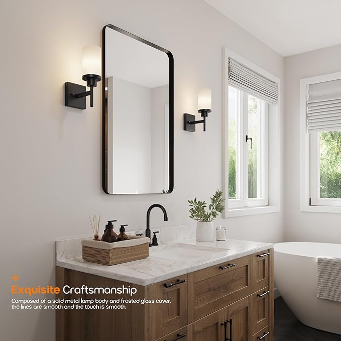 Wall Light Fixtures Matte Black Bathroom Vanity Lights Over Mirror with White Frosted Glass, Wall Lamps for Hallway Washroom Porch Entrance T001MB-L1