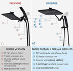 G-Promise All Metal 14 Inch Shower Head with Massage Mode Handheld, Rain Shower Head with Handheld Spray Combo, 3-Way Diverter with Pause Setting, 12 Inch Adjustable Extension Arm (Matte Black)