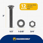 1/2 in. x 3 in. Black Carriage Bolt Kit Includes 12 Bolts, 12 Washers, and 12 Nuts, Ceramic Black Ruspert Coated for Exterior Use - 2X Rust Resistance of Galvanized by Makers Bolt