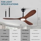 52 Inch Ceiling Fans with Lights and Remote, Wood Ceiling Fan with Light,3 Blade,6 Speed DC Motor Outdoor indoor for Patio,Living Room,Bedroom