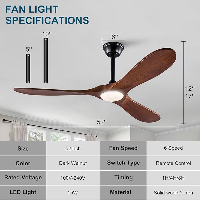 52 Inch Ceiling Fans with Lights and Remote, Wood Ceiling Fan with Light,3 Blade,6 Speed DC Motor Outdoor indoor for Patio,Living Room,Bedroom