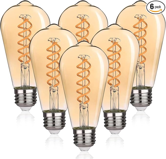 ST19/ST58 Vintage LED Edison Bulb,4.5W Warm White 2500K,Amber Glass Flexible Spiral LED Filament Light Bulb,450Lm Dimmable 4.5W Equivalent to 45W, E26 Base(4.5W-2500K-6 Pack)