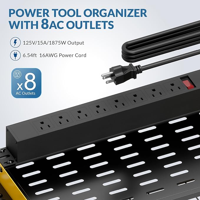 Power Tool Organizer with Charging Station, 4 Layers Garage Storage Rack with 6 Drill Holders, Father's Days Gift For Dad, Wall Mount Garage Organizer Built in 8 Outlets Power Strip, Yellow