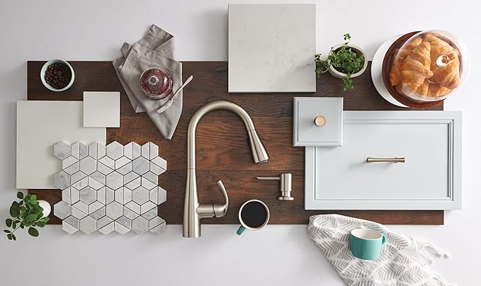 Moen Essie Spot Resist Stainless Pulldown Sprayer Kitchen Sink Faucet Set with Modern Pump Soap Dispenser, 87014SRS