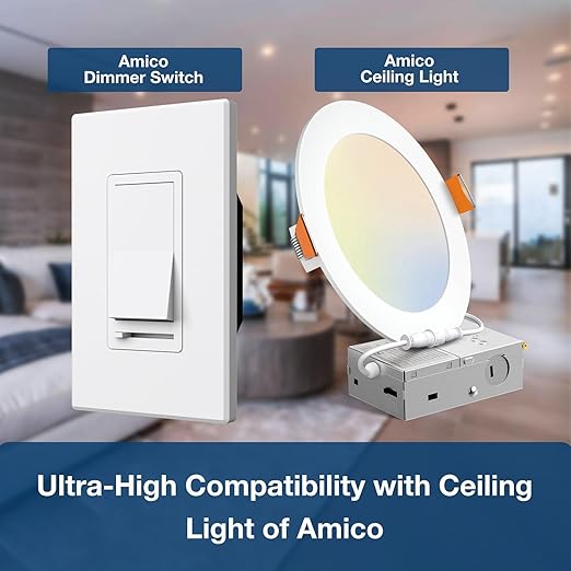 Amico 6 Pack Dimmer Light Switch, Single-Pole or 3-Way Slide Dimmer Switches for Led Lights, Suitable for 150W Dimmable LED/CFL and 600W Incandescent/Halogen, Wall Plate Included, UL Listed, White