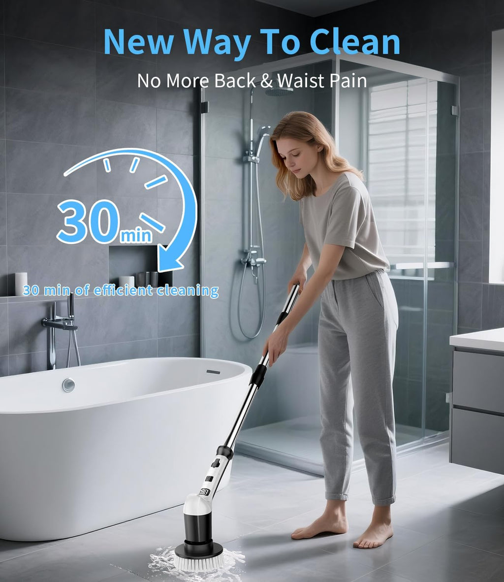 Electric Spin Scrubber with 3 Speed, Adjustable Extension Handle, 8 Brush Heads,Cordless Power Cleaning Brush for Bathroom, Tile, Kitchen-Black