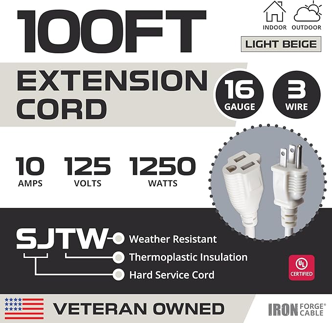Iron Forge Cable Weatherproof 100 Ft Outdoor Extension Cord - 16/3 SJTW Heavy Duty Beige Extension Cord 3 Prong - 10 Amp Exterior Power Cable