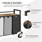 Laundry Hamper, Laundry Basket, Laundry Sorter with 3 Removable Bags, Clothes Basket with 3 Compartments, Wheels, Shelf for Laundry Room Bathroom Bedroom (3 Bags-Black Grey White)