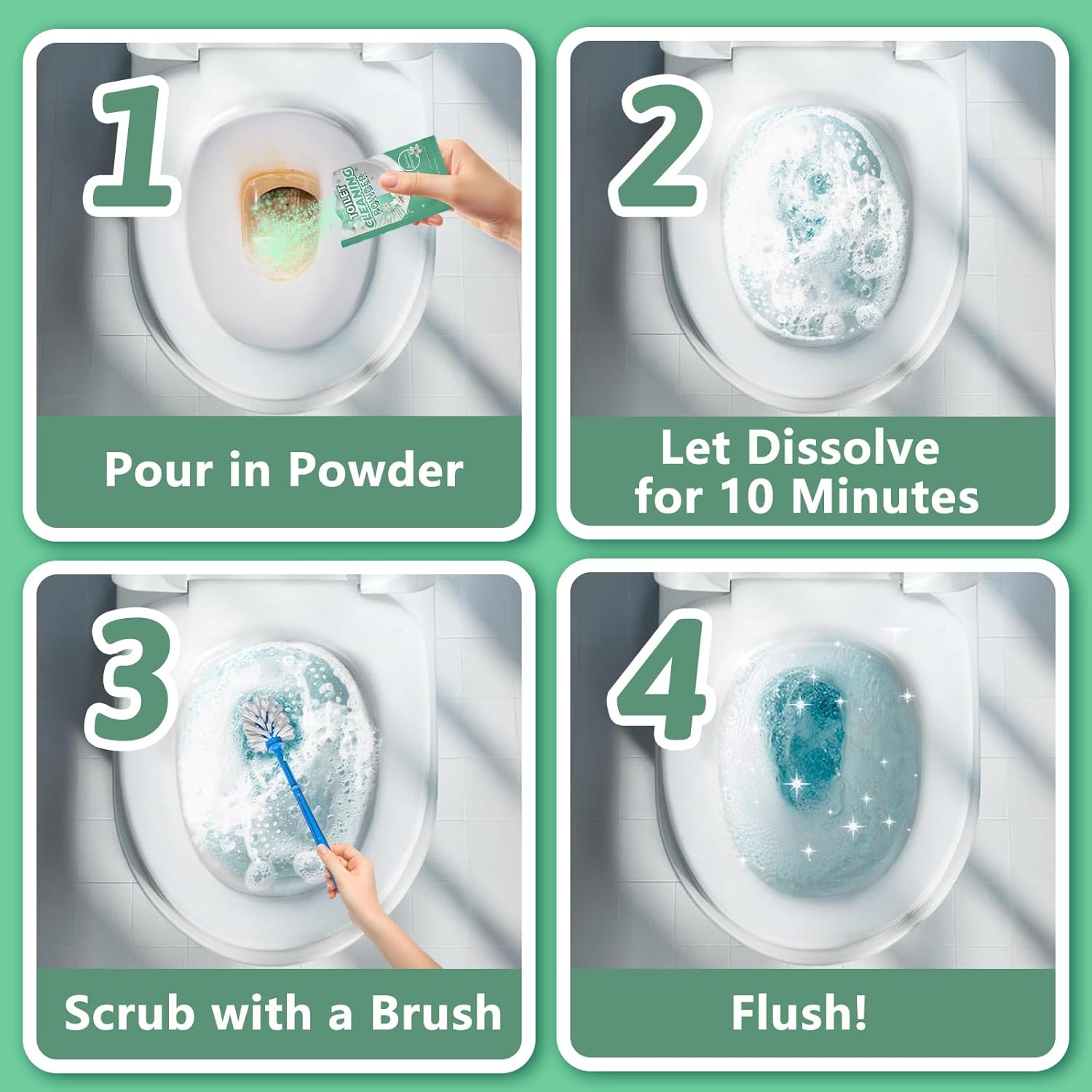 Toilet Bowl Cleaner Powder - Self-Activating Toilet Cleaner for Stubborn Stains & Limescale, Deep Cleaning Foam with Jasmine Fragrance, Safe Toilet Cleaning Supplies (4 Packs × 3 oz)