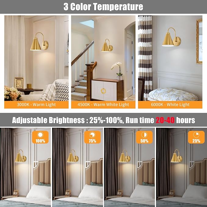 Vintage Cordless Gooseneck Battery Operated Wall Sconces Set of 2, Gold Bedside Battery Powered Wall Decor Lamps with Remote Control, Wireless Indoor LED Lights Fixture for Bedroom Hallway