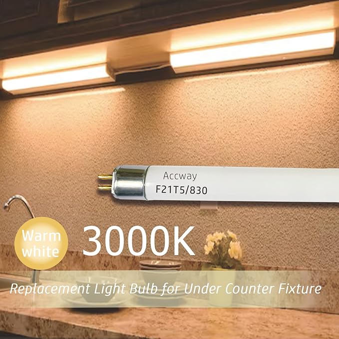 6pack F21T5/830 21Watt 34 inch Fluorescent Light Bulb, T5 3000K Soft White Linear Tube, F21T5/21W/830 Warm White Replacement for Under Counter Fixture