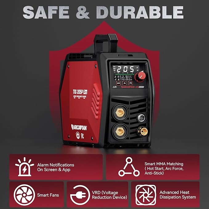 ARCCAPTAIN iControl TIG 205P Pro Welder With APP Control, 5 In 1 DC/Pulse/Lift/Spot TIG & Stick, Dual Voltage 120V/240V TIG Welding Machine With Large LED Display, 2T/4T, Smart Fan, Safety Protection