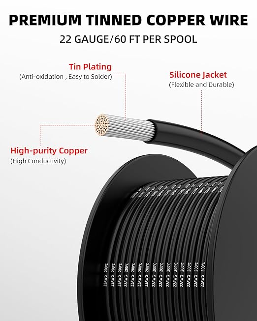 NAOEVO 22 Gauge Wire 360ft, 22 AWG Wire 6 Colors 60ft Each Spool, Flexible Silicone Tinned Copper Electrical Cable, Wiring kit for Breadboard/Automotive/DIY/Battery, 200℃