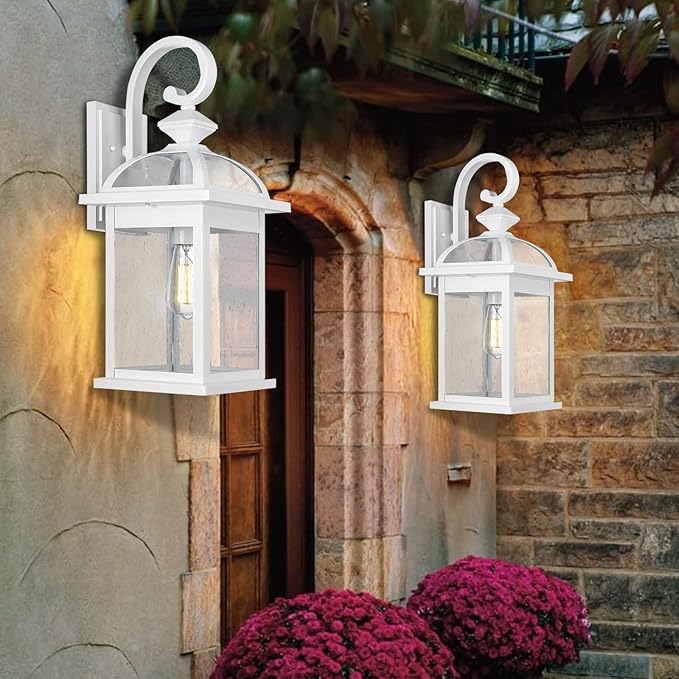 Darkaway Outdoor Lights Fixtures Wall Mount, Large 22inch Outdoor Wall Sconce Lights with Seeded Glass Waterproof Outside Exterior Lights Fixture for House Front Porch Patio （Large, White）
