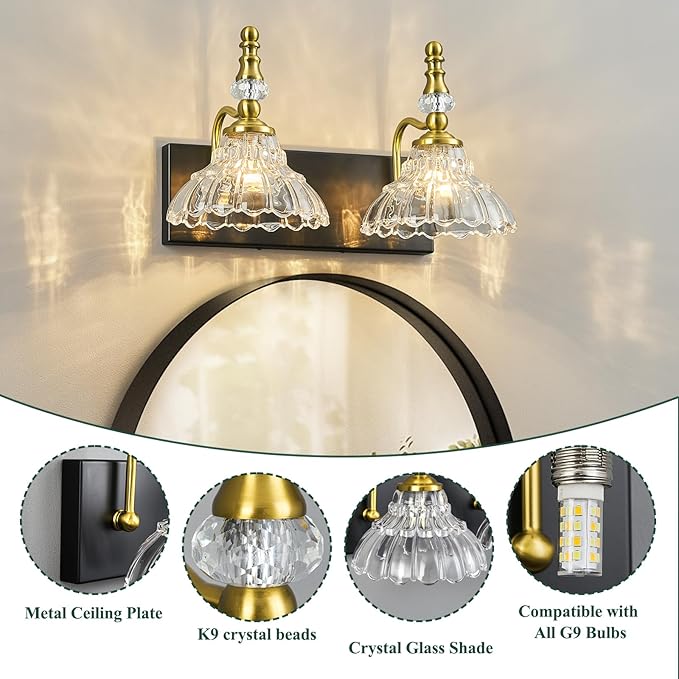 Vintage Bathroom Vanity Light, 2-Light Black Gold Vanity Lighting Fixture with Flower Glass Shade, Bathroom Lighting Fixtures Over Mirror