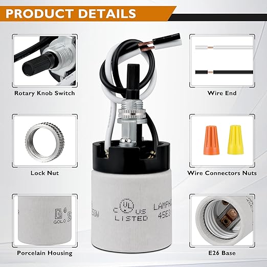 UL Listed Porcelain E26 Lamp Socket with 6'' Wire Lead, High Temp Resistant, Rotary Knob ON/Off Switch with 2 Wire Connectors Nuts for DIY Table Lamp,Pendant Light Replacement (1)