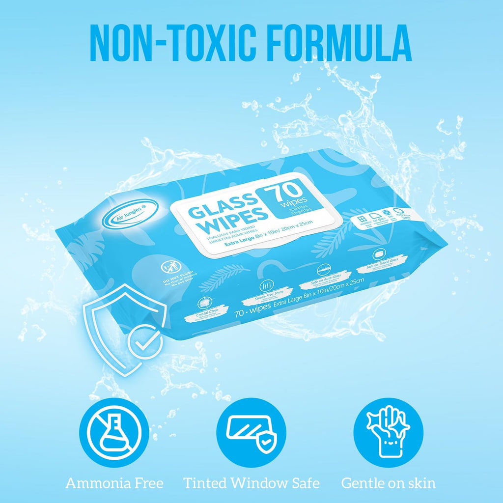 Air Jungles Glass and Window Cleaner Wipes 70 Count, Extra Large 8" x 10" Size Streak Free Cleaning Wipes for Car Windshield, Headlight, Mirror, Tile and Home Glass Surface