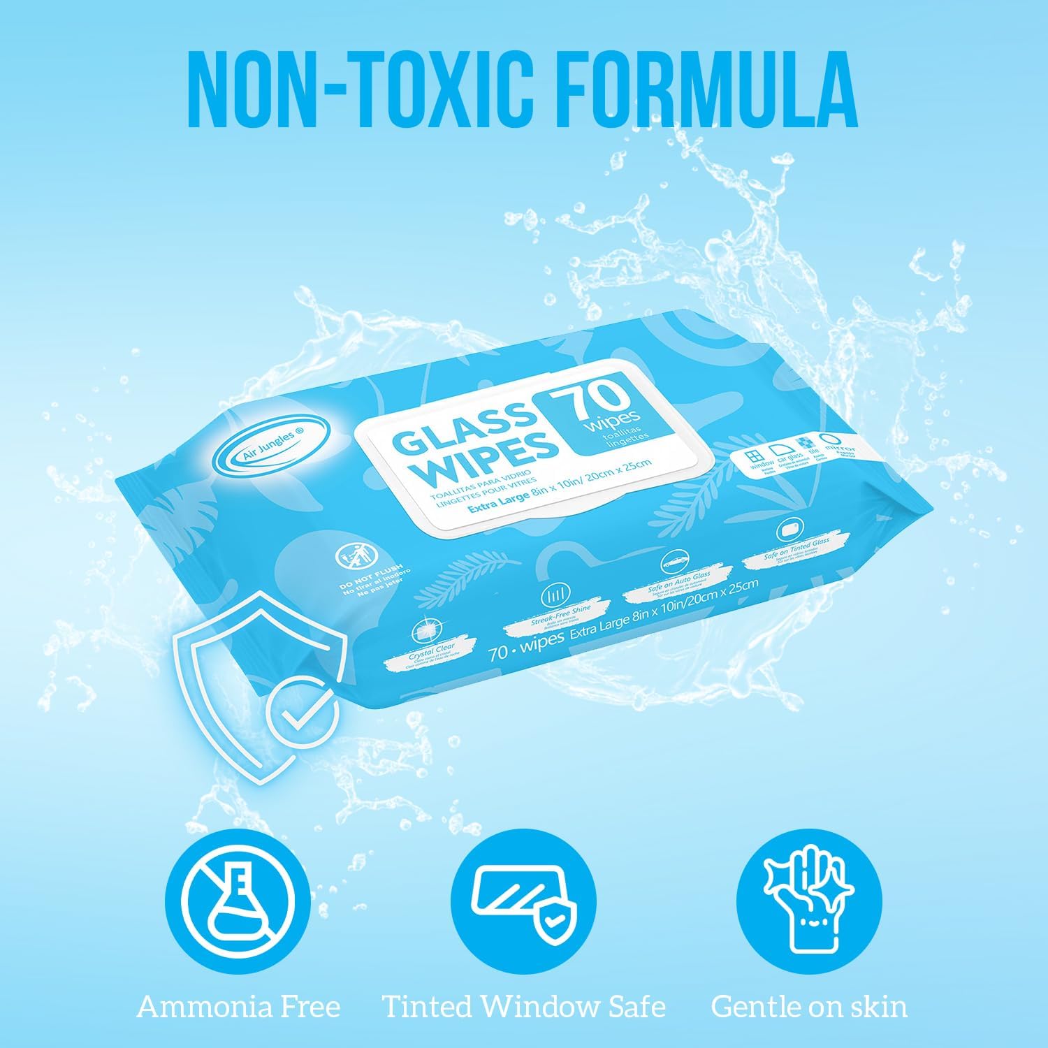 Air Jungles Glass and Window Cleaner Wipes 70 Count, Extra Large 8" x 10" Size Streak Free Cleaning Wipes for Car Windshield, Headlight, Mirror, Tile and Home Glass Surface