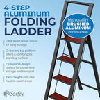 Step Ladder 4 Step Folding, Decorative - Beautiful Mahogany & Black Aluminum, Ultra Slim Profile, Anti Slip Steps, Sturdy-Portable for Home, Office, Kitchen, Photography Use,by SORFEY