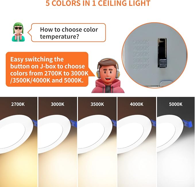 Meconard 6 Pack 6 Inch LED Recessed Ceiling Light, 2700K/3000K/3500K/4000K/5000K Selectable, Dimmable 12W=110W, 1050LM, IC Rated Can-Killer Downlights with Junction Box, ETL and Energy Star Listed