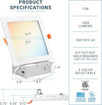 PARMIDA (12 Pack) 6 Inch Square 5CCT Ultra Thin LED Recessed Lighting with Junction Box, 2700K/3000K/3500K/4000K/5000K 5 Color Selectable, 12W, Dimmable, Canless Wafer Slim Panel Lights, IC Rated, ETL