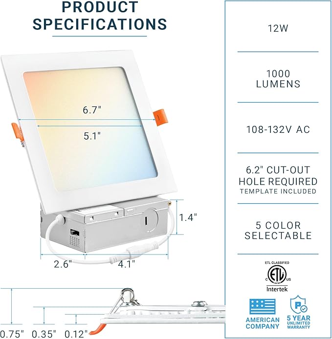 PARMIDA (12 Pack) 6 Inch Square 5CCT Ultra Thin LED Recessed Lighting with Junction Box, 2700K/3000K/3500K/4000K/5000K 5 Color Selectable, 12W, Dimmable, Canless Wafer Slim Panel Lights, IC Rated, ETL