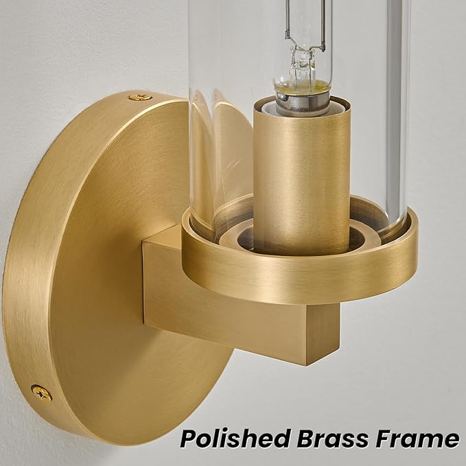 Modern Crystal Brass Gold Sconce: 14.5” Vintage Bathroom Sconce With Bulb - Clear Crystal Glass Tube Hardwired Mirror Vanity Light- Luxury Antique Indoor Brushed Gold Wall Lamp for Bedroom Living Room