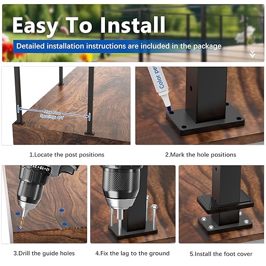 36" T304 L-drilled Cable Railing Corner Post(Post 35"x2"x2"), Wire Railing Post with Cable Grommets, Fixed Top Mount Stainless Steel Black Finish Deck Staircase Post