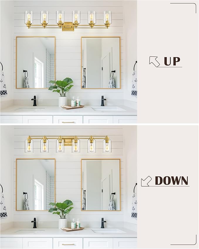 6 Light Bathroom Vanity Light, HWH Brushed Gold Light Fixture Bathroom Wall Vanity Lights, Modern Brass Vanity Lights Over Mirror with Clear Glass Shade, 5HLT63B-6W BG