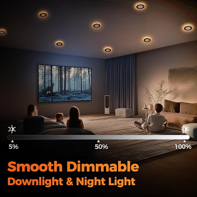 12 Pack Black 6 Inch LED Recessed Ceiling Light with Night Light, 2700K/3000K/3500K/4000K/5000K Selectable, 12W, Dimmable Canless Wafer Downlight, ETL