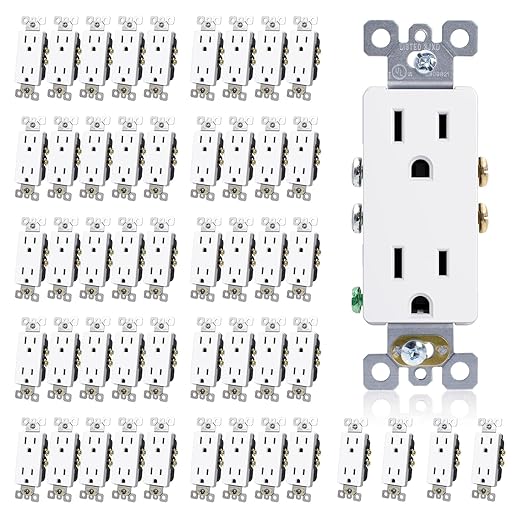 ELEGRP Decorator Receptacle, 15A 125V Standard Electrical Wall Outlet, 2 Pole 3 Wire, No-Tamper Resistant, NEMA 5-15R, Self-Grounding Residential Grade Outlet, UL (Glossy White, 50 Pack)