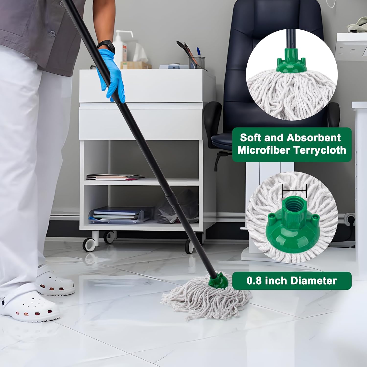KeFanta Mop for Floor Cleaning,2 Pcs Cotton String Wet Mops Replacement Head Compatible with Microfiber Cloth Mop Refill & 0.8" Diameter Mops Handle,Green(1 Handle & 2 Heads)