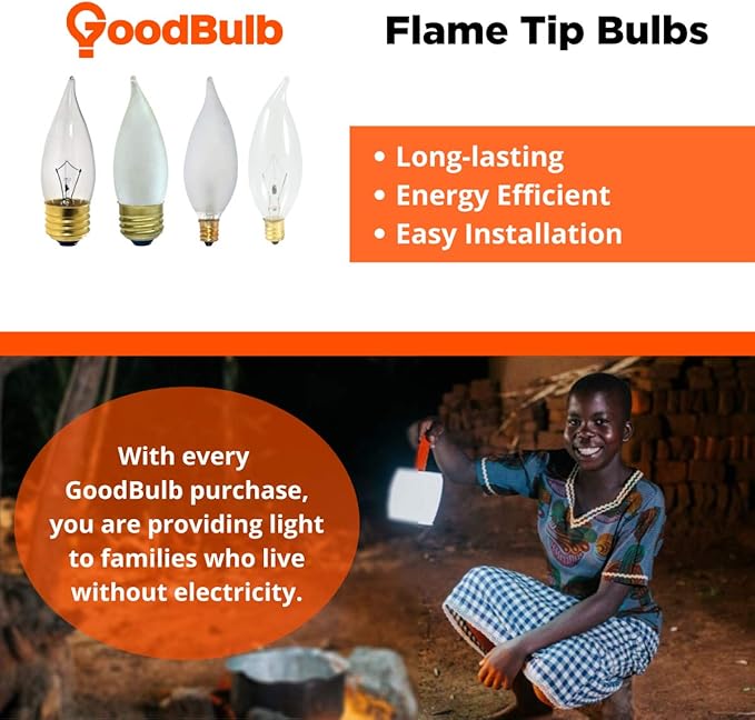 GoodBulb 25 Watt Flame Tip Candelabra Light Bulbs | CA10 Clear Finish E12 Base 2700K Warm White Light | Dimmable | 175 Lumens | Pack of 12