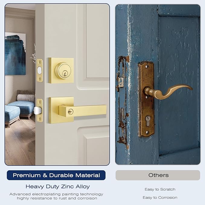 EHOMEWARE Door Handleset with Single Cylinder Deadbolt, Satin Brass Deadbolt, Reversible for Right and Left Side Single Keyed Square Deadbolt Lock Set