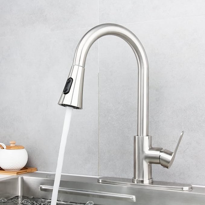 Single Handle Kitchen Faucet with Pull Down Sprayer Modern Stainless Steel Arc Kitchen Faucet Brushed Nickel, Commercial Kitchen Sink Faucet with Deck