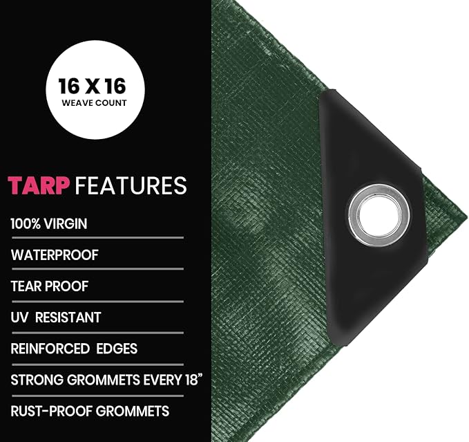 PROTARP Extreme Heavy Duty 22 Mil Tarp Cover, Waterproof, UV Resistant, Rip and Tear Proof, Poly Tarpaulin with Reinforced Edges for Roof, Camping, Patio, Pool, Boat. (Green/Black 12′ X 16′)