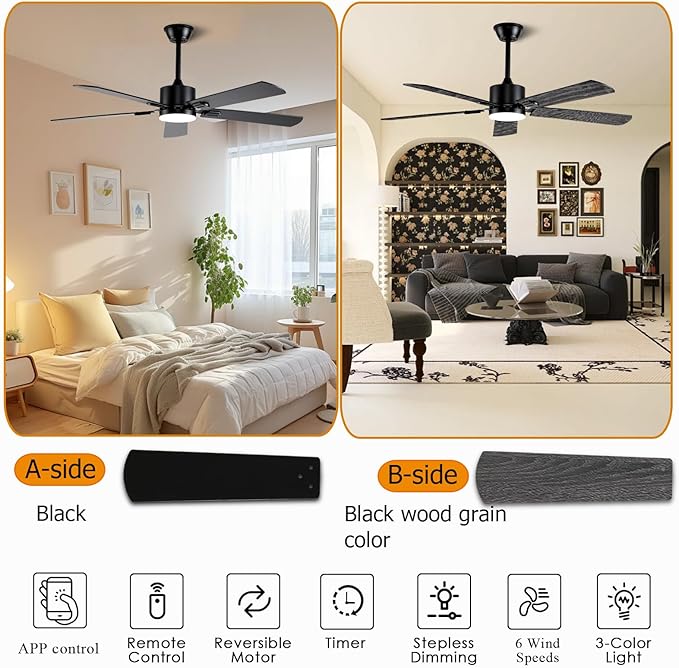 56 inch Black Ceiling Fans with Lights and Remote/App Control, DC Reversible Motor, Noiseless, Dimmable, 6 Speeds Low Profile Modern Ceiling Fan for Livingroom, Indoor/Outdoor Use