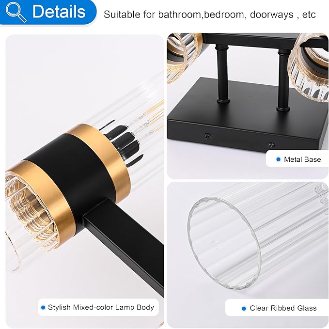 MELUCEE 6 Lights Bathroom Lighting Fixtures Over Mirror, Farmhouse Vanity Lights Matte Black Finish with Ribbed Clear Glass Shade, Metal Wall Mount Light for Bath Kitchen Living Room, E12 Base