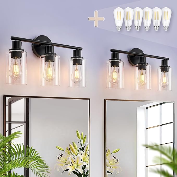 DLLT 3-Light Bathroom Light Fixtures: Black Modern Vanity Lights with 3 E26 Bulbs - Clear Glass Shade Bathroom Wall Lamp for Mirror Kitchen Living Room - 2 Packs