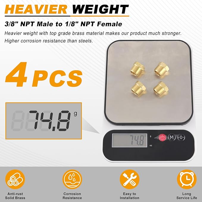 KOOTANS 4pcs Heavy Duty 3/8 NPT Male Thread to 1/8 NPT Female Thread Brass Reducer Hex Bushing Brass Fitting Pipe Hose Tube Adapter Convert