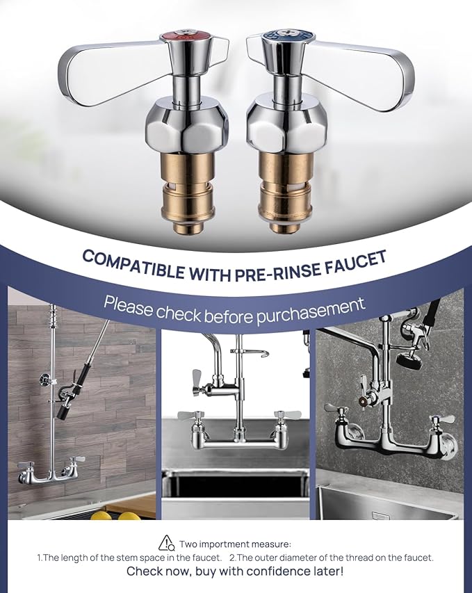 LEAD-FREE Faucet Handle Repalcement Valve Stem Assembly, Commercial Faucet Parts for Kitchen Sink Faucet, Brass Constructed with Ceramic Disc, A Pair of Red for Hot and Blue for Cold