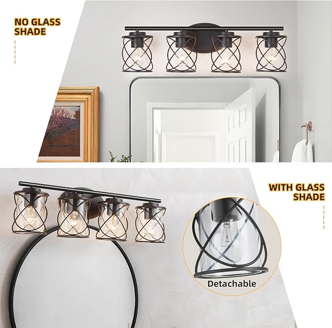 4-Lights Bathroom Light Fixtures, Matte Black Modern Vanity Light Over Mirror, Bathroom Wall Lamp for Mirror Kitchen Living Room Hallway Porch, Farmhouse Wall Lights with Clear Glass Cage Shade