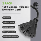 BN-Link's 2 Pack Outdoor Extension Cord Set is Ideal for Holiday Yard Decorations and Garden Equipment. with Three outlets You can Plug in Loads up to a Total of 13amps/1625watts. (Black, 15ft)