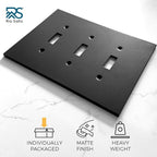 RIO SALTO Modern Metal Matte Black Triple Toggle Light Switch Cover Metal Decorative Toggle Switch Covers Wall Plate Outlet Cover Black Wall Electric Outlet Socket Triple Togle - Midsize 3 Gang