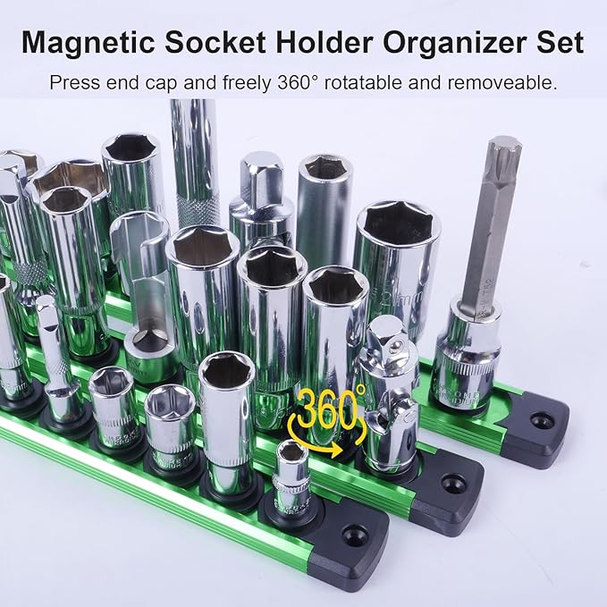 Magnetic Socket Holder Organizer Set:1/4-Inch Drive Socket Trays Socket, 360° Swivel 14 Clips Socket Holder Kit, For Automotive Mechanic Garage (Green)